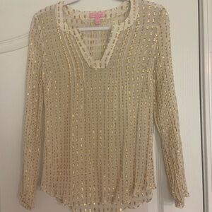 Lilly Pulitzer COLBY Chiffon Silk Top, Cream & Gold Clip Jacquard XS